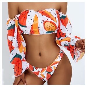 3pc Fruit Print Bandeau Bikini Swimsuit & Cover Up Size M